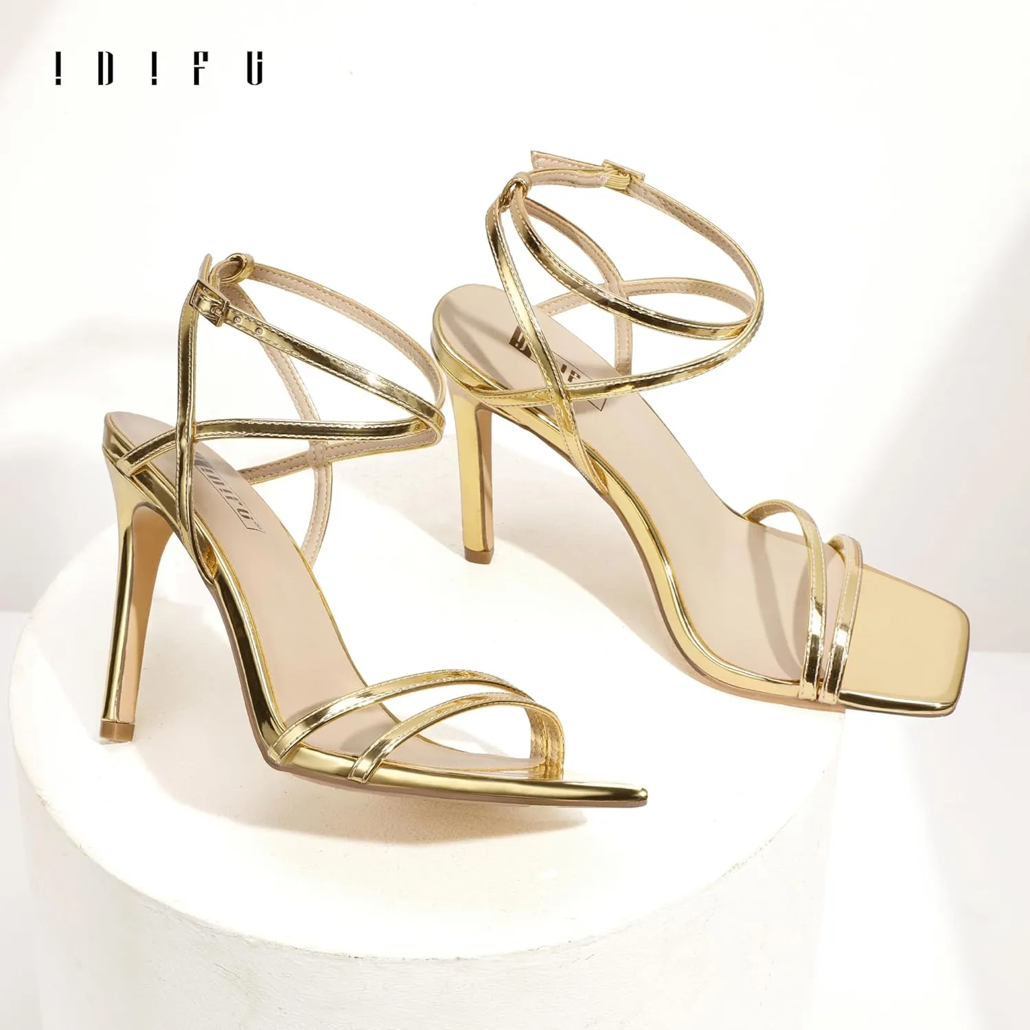 IDIFU IN4 Strappy Heels Stiletto High Heel Square Open Toe Slingback Dress Shoes for Women Adjustable Ankle Strap Heeled Sandals Wedding Prom Bridal Dressy Fashion Trendy Comfortable Skinny Heels