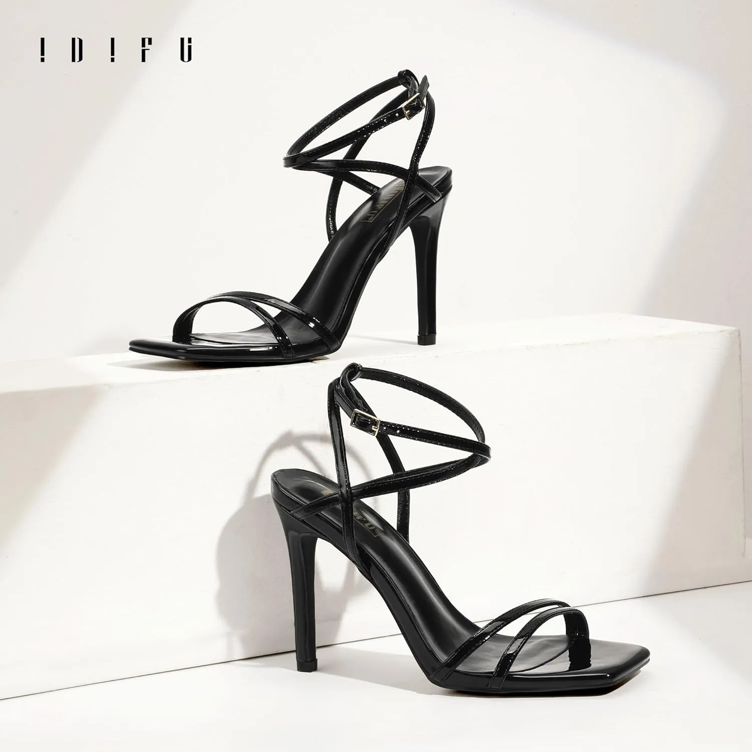 IDIFU IN4 Strappy Heels Stiletto High Heel Square Open Toe Slingback Dress Shoes for Women Adjustable Ankle Strap Heeled Sandals Wedding Prom Bridal Dressy Fashion Trendy Comfortable Skinny Heels
