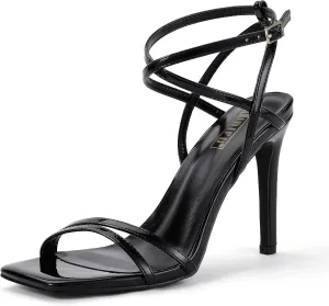 IDIFU IN4 Strappy Heels Stiletto High Heel Square Open Toe Slingback Dress Shoes for Women Adjustable Ankle Strap Heeled Sandals Wedding Prom Bridal Dressy Fashion Trendy Comfortable Skinny Heels