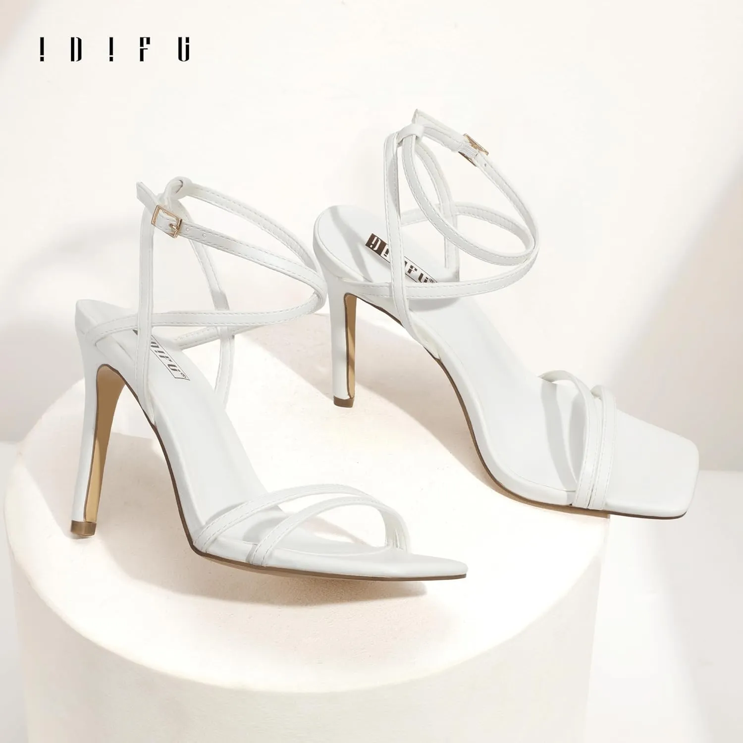 IDIFU IN4 Strappy Heels Stiletto High Heel Square Open Toe Slingback Dress Shoes for Women Adjustable Ankle Strap Heeled Sandals Wedding Prom Bridal Dressy Fashion Trendy Comfortable Skinny Heels