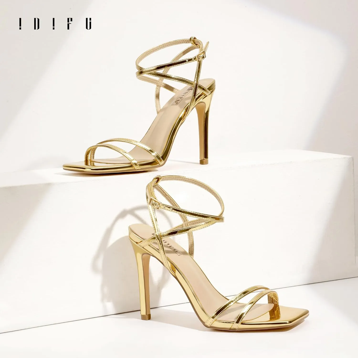 IDIFU IN4 Strappy Heels Stiletto High Heel Square Open Toe Slingback Dress Shoes for Women Adjustable Ankle Strap Heeled Sandals Wedding Prom Bridal Dressy Fashion Trendy Comfortable Skinny Heels