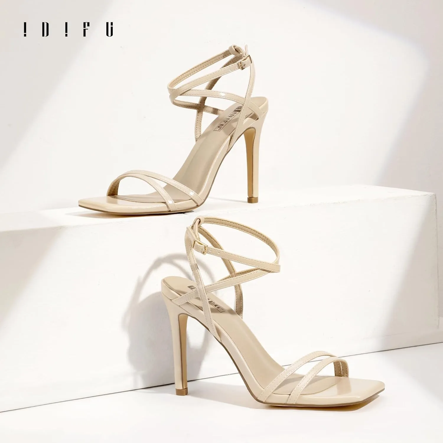 IDIFU IN4 Strappy Heels Stiletto High Heel Square Open Toe Slingback Dress Shoes for Women Adjustable Ankle Strap Heeled Sandals Wedding Prom Bridal Dressy Fashion Trendy Comfortable Skinny Heels