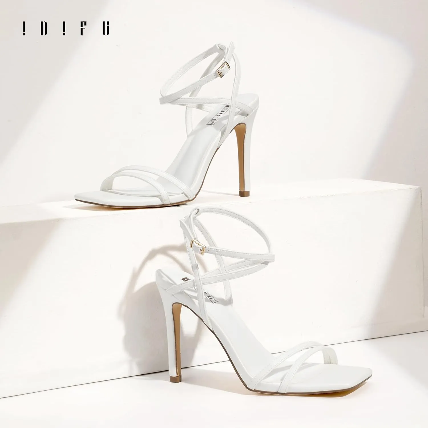 IDIFU IN4 Strappy Heels Stiletto High Heel Square Open Toe Slingback Dress Shoes for Women Adjustable Ankle Strap Heeled Sandals Wedding Prom Bridal Dressy Fashion Trendy Comfortable Skinny Heels