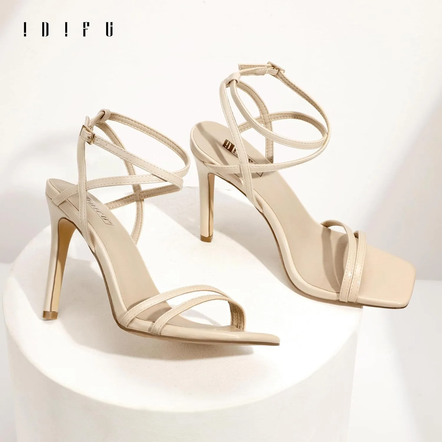IDIFU IN4 Strappy Heels Stiletto High Heel Square Open Toe Slingback Dress Shoes for Women Adjustable Ankle Strap Heeled Sandals Wedding Prom Bridal Dressy Fashion Trendy Comfortable Skinny Heels
