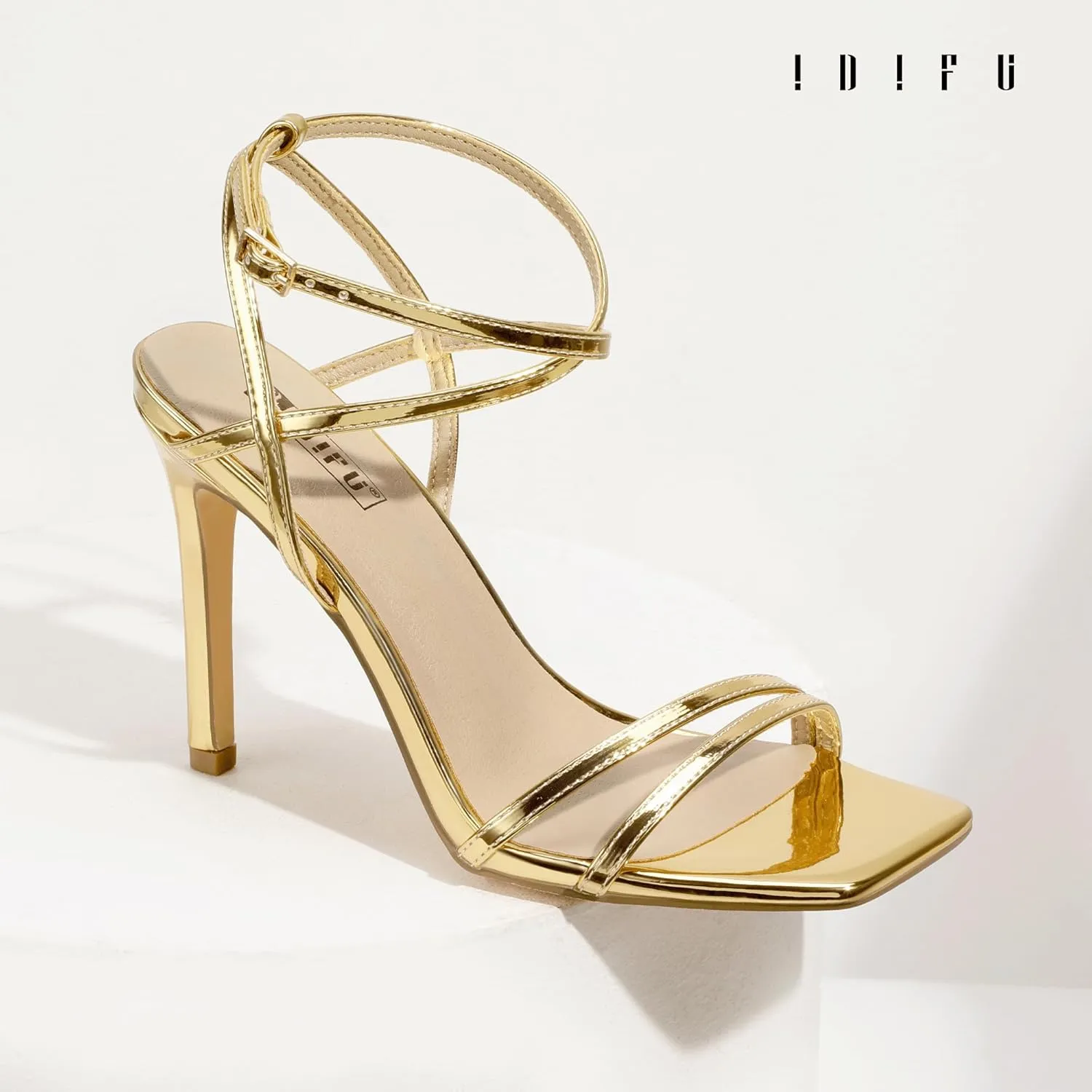 IDIFU IN4 Strappy Heels Stiletto High Heel Square Open Toe Slingback Dress Shoes for Women Adjustable Ankle Strap Heeled Sandals Wedding Prom Bridal Dressy Fashion Trendy Comfortable Skinny Heels