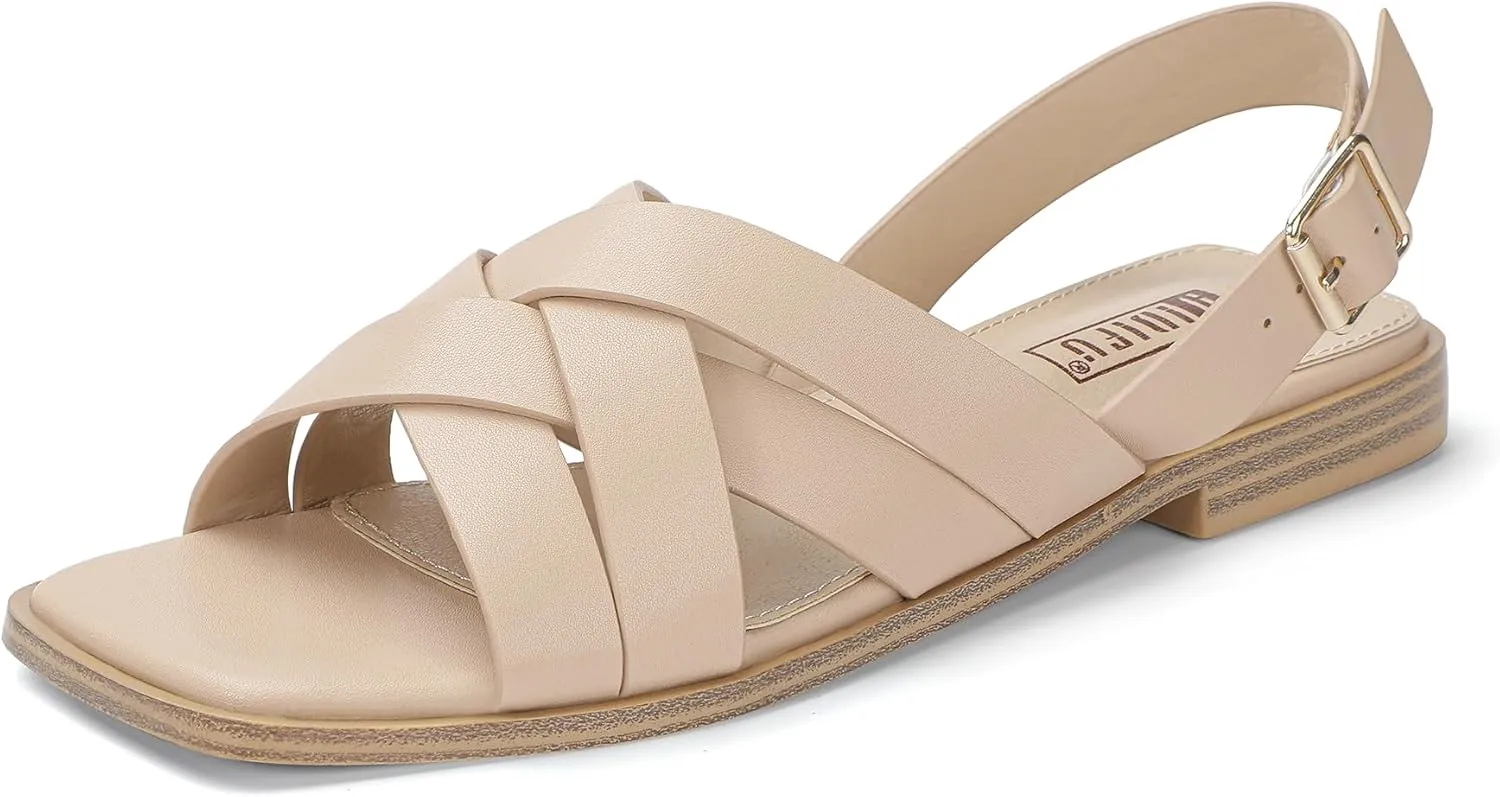 IDIFU Strappy Flat Sandals for Women Square Open Toe Summer Beach Dressy Dress Ladies Comfortable Cute Comfy Trendy Casual Buckle Slingback Sandals with Back Strap