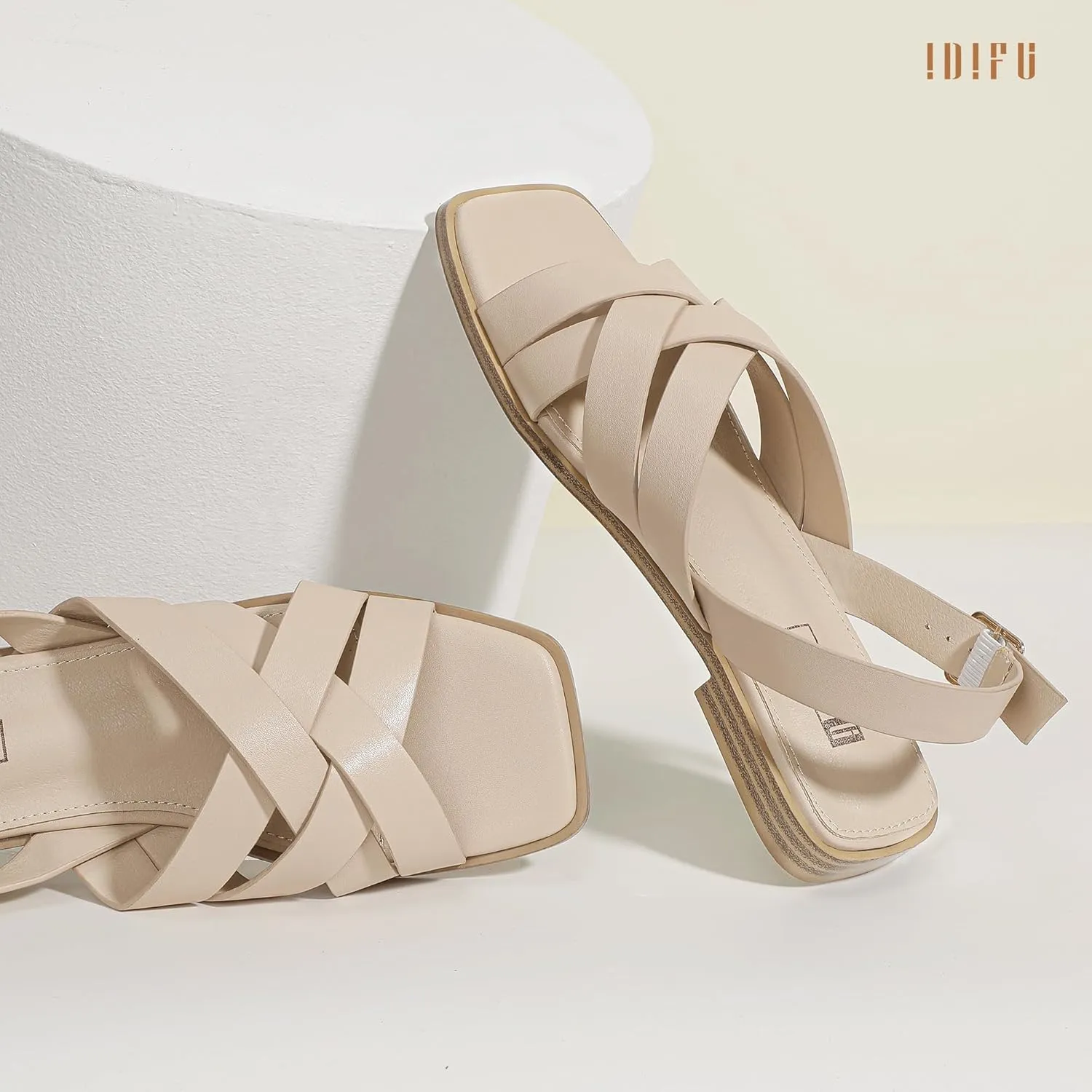 IDIFU Strappy Flat Sandals for Women Square Open Toe Summer Beach Dressy Dress Ladies Comfortable Cute Comfy Trendy Casual Buckle Slingback Sandals with Back Strap
