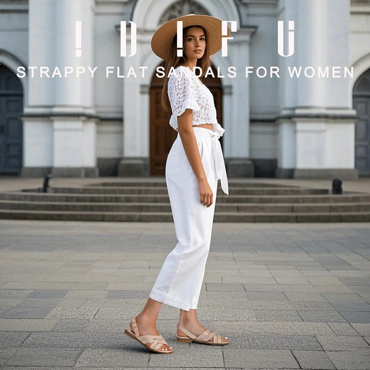 IDIFU Strappy Flat Sandals for Women Square Open Toe Summer Beach Dressy Dress Ladies Comfortable Cute Comfy Trendy Casual Buckle Slingback Sandals with Back Strap