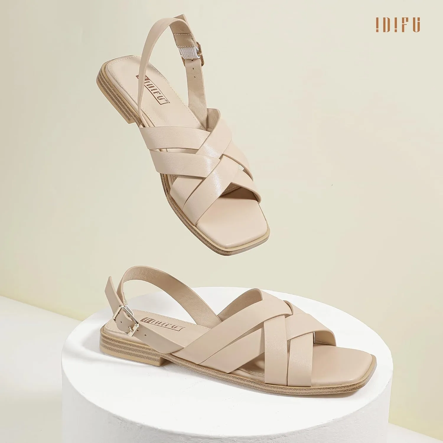 IDIFU Strappy Flat Sandals for Women Square Open Toe Summer Beach Dressy Dress Ladies Comfortable Cute Comfy Trendy Casual Buckle Slingback Sandals with Back Strap