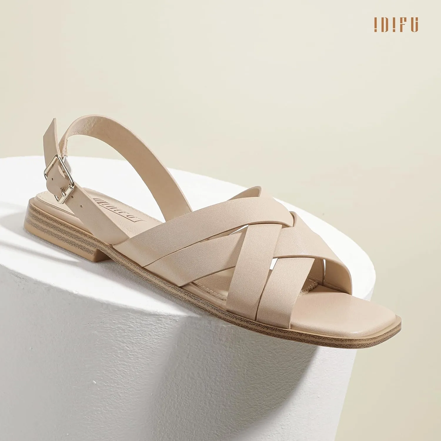 IDIFU Strappy Flat Sandals for Women Square Open Toe Summer Beach Dressy Dress Ladies Comfortable Cute Comfy Trendy Casual Buckle Slingback Sandals with Back Strap