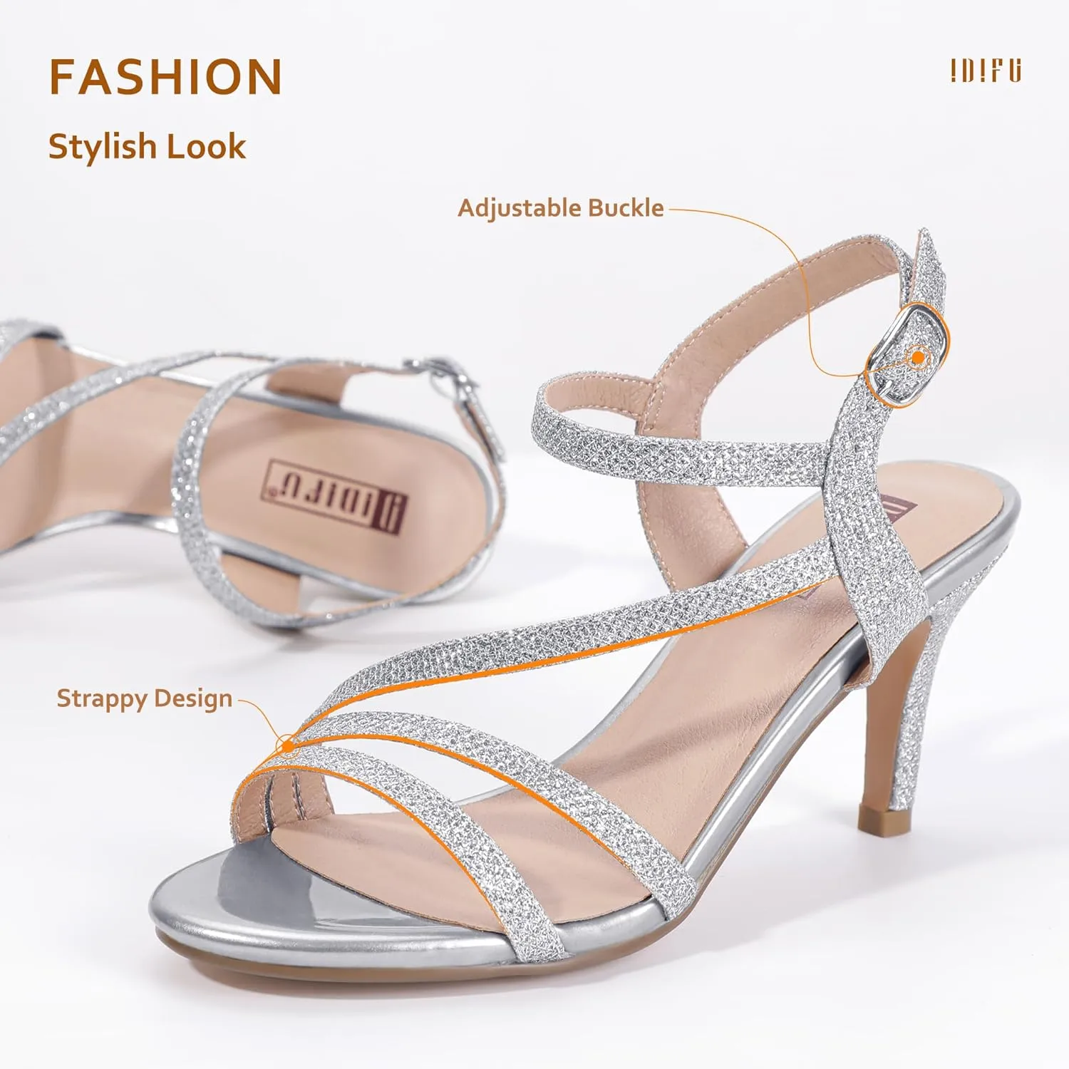 IDIFU Women's Black Nude White Silver Heels for Women Dress Kitten Heels Strappy Open Toe Heels Sandals Wedding Evening Party Shoes for Women Ladies Bridal
