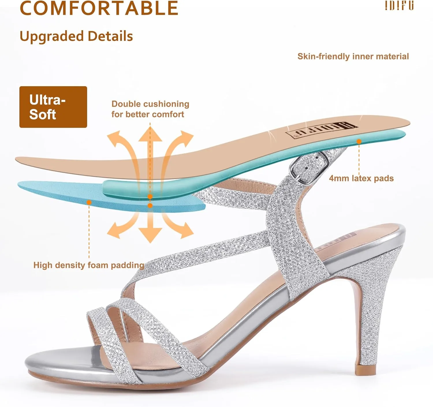 IDIFU Women's Black Nude White Silver Heels for Women Dress Kitten Heels Strappy Open Toe Heels Sandals Wedding Evening Party Shoes for Women Ladies Bridal
