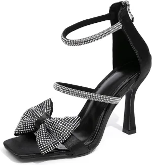 Jeesay Women's Bow Rhinestones High Heels Sandals Strappy Stiletto Square Toe Satin Shoes Wedding Bridal Party Causal Heeled Sandals