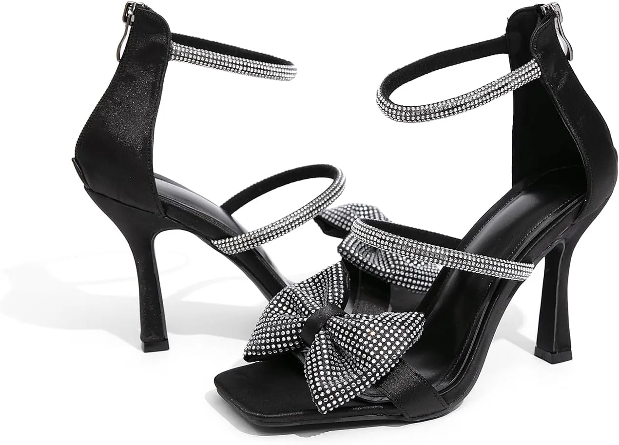 Jeesay Women's Bow Rhinestones High Heels Sandals Strappy Stiletto Square Toe Satin Shoes Wedding Bridal Party Causal Heeled Sandals