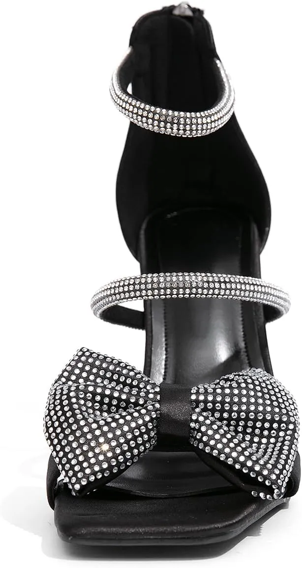Jeesay Women's Bow Rhinestones High Heels Sandals Strappy Stiletto Square Toe Satin Shoes Wedding Bridal Party Causal Heeled Sandals