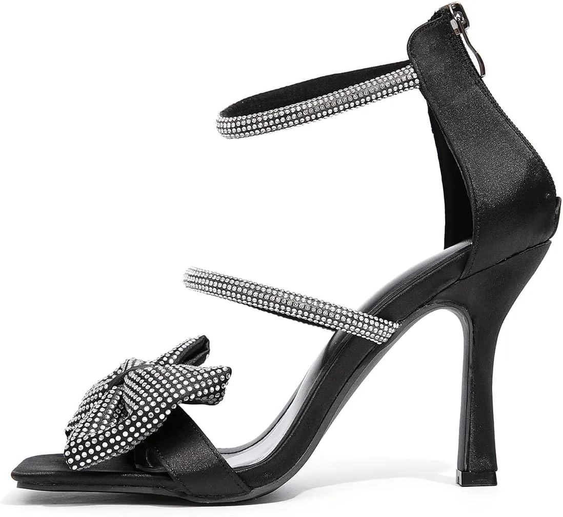 Jeesay Women's Bow Rhinestones High Heels Sandals Strappy Stiletto Square Toe Satin Shoes Wedding Bridal Party Causal Heeled Sandals