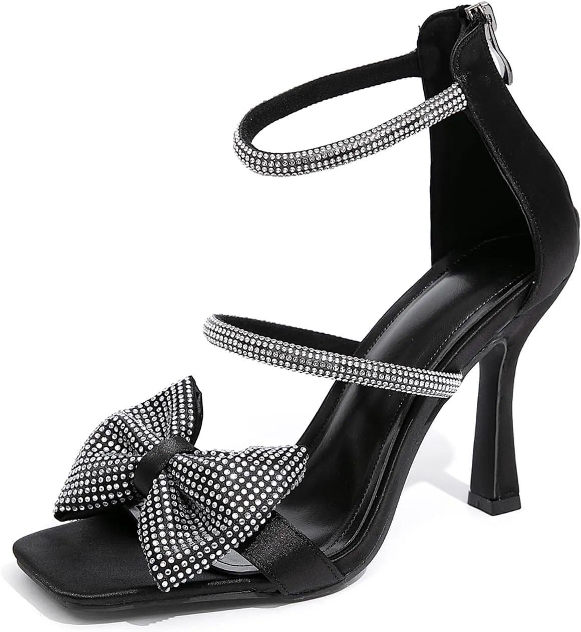 Jeesay Women's Bow Rhinestones High Heels Sandals Strappy Stiletto Square Toe Satin Shoes Wedding Bridal Party Causal Heeled Sandals