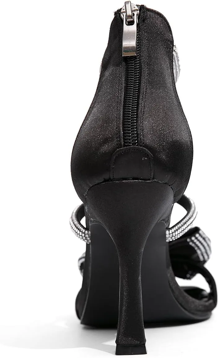 Jeesay Women's Bow Rhinestones High Heels Sandals Strappy Stiletto Square Toe Satin Shoes Wedding Bridal Party Causal Heeled Sandals