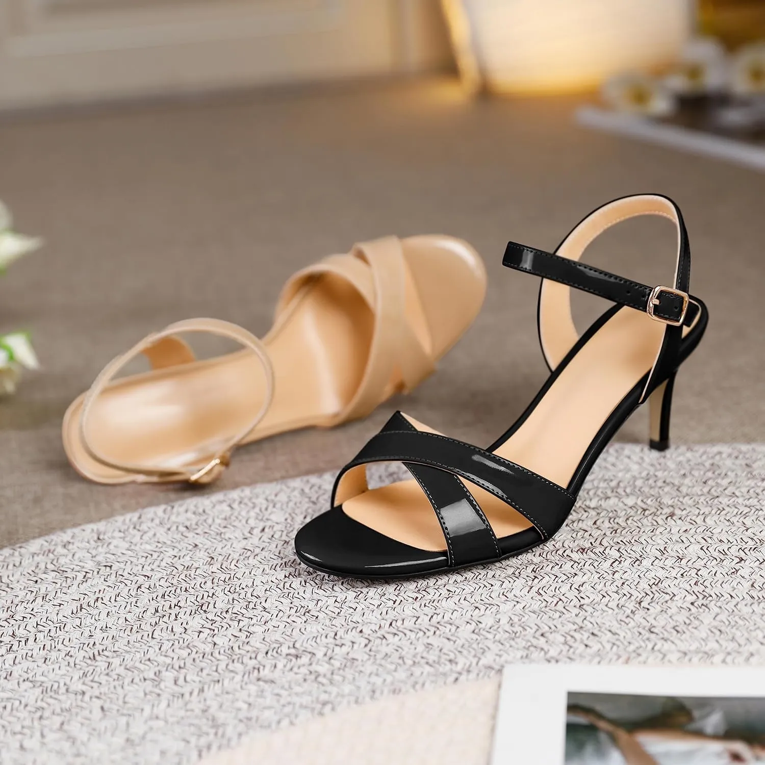 Joseywade Women's Heeled Sandals Strappy Low Kitten Heels Crisscross Open Round Toe Heels 2.5'' Adjustable Ankle Strap Shoes