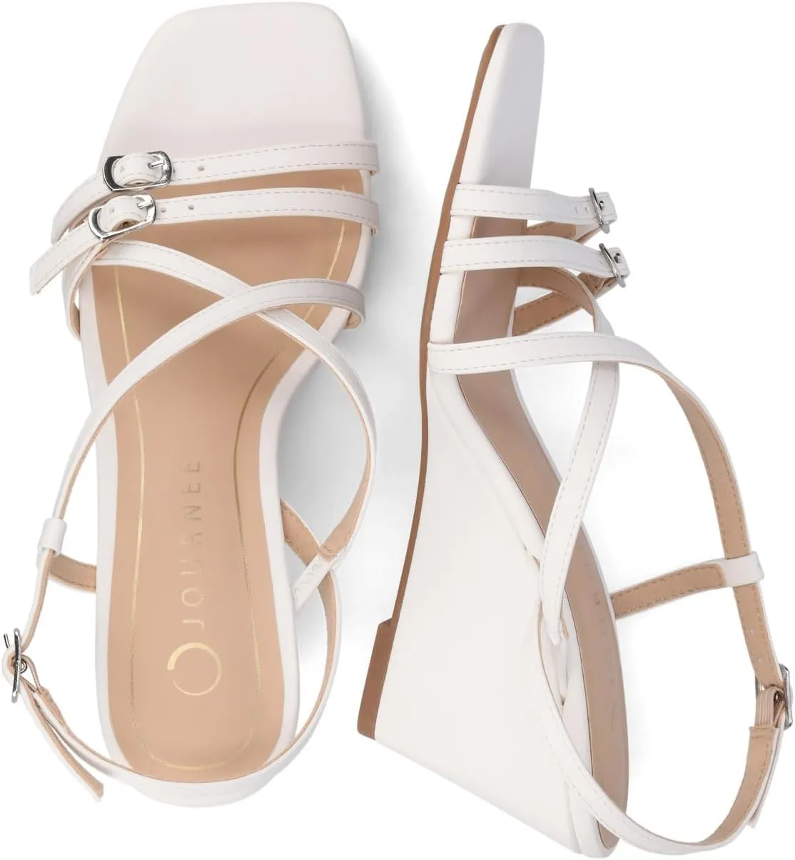 Journee Womens cushioned footbed Clinne Faux Leather Wedge Heel Sandal Ankle Buckle 2-3 Inch Heel Open Toe
