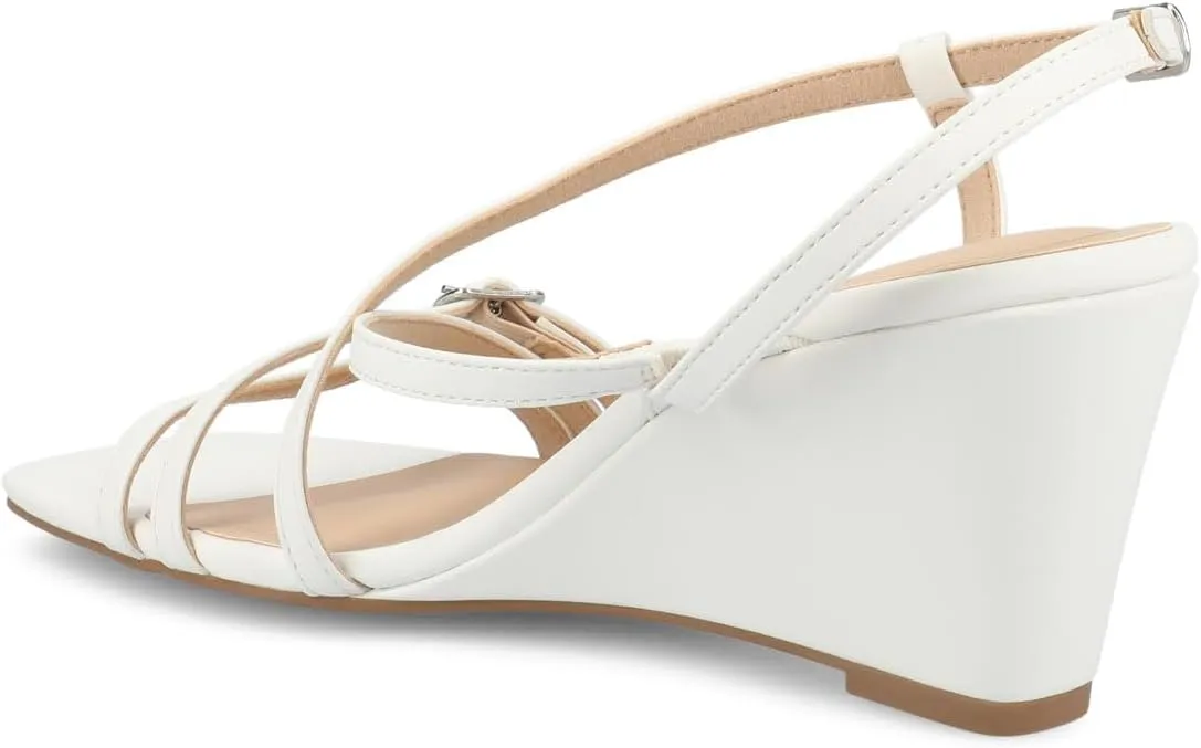 Journee Womens cushioned footbed Clinne Faux Leather Wedge Heel Sandal Ankle Buckle 2-3 Inch Heel Open Toe