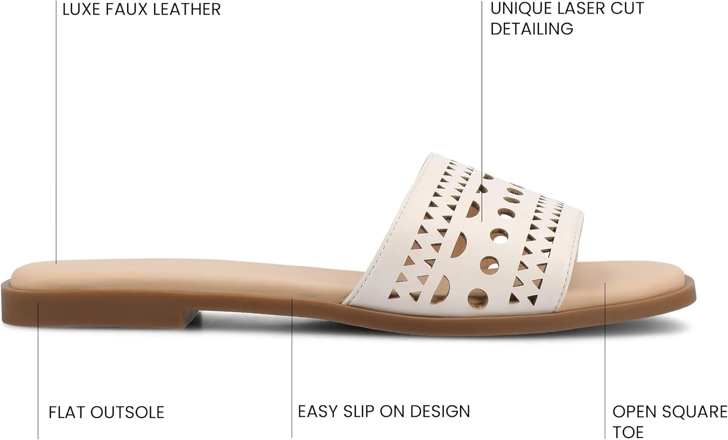 Journee Womens cushioned footbed Faux Leather Sandals Flat Sole Brodie Laser Cutout Straps