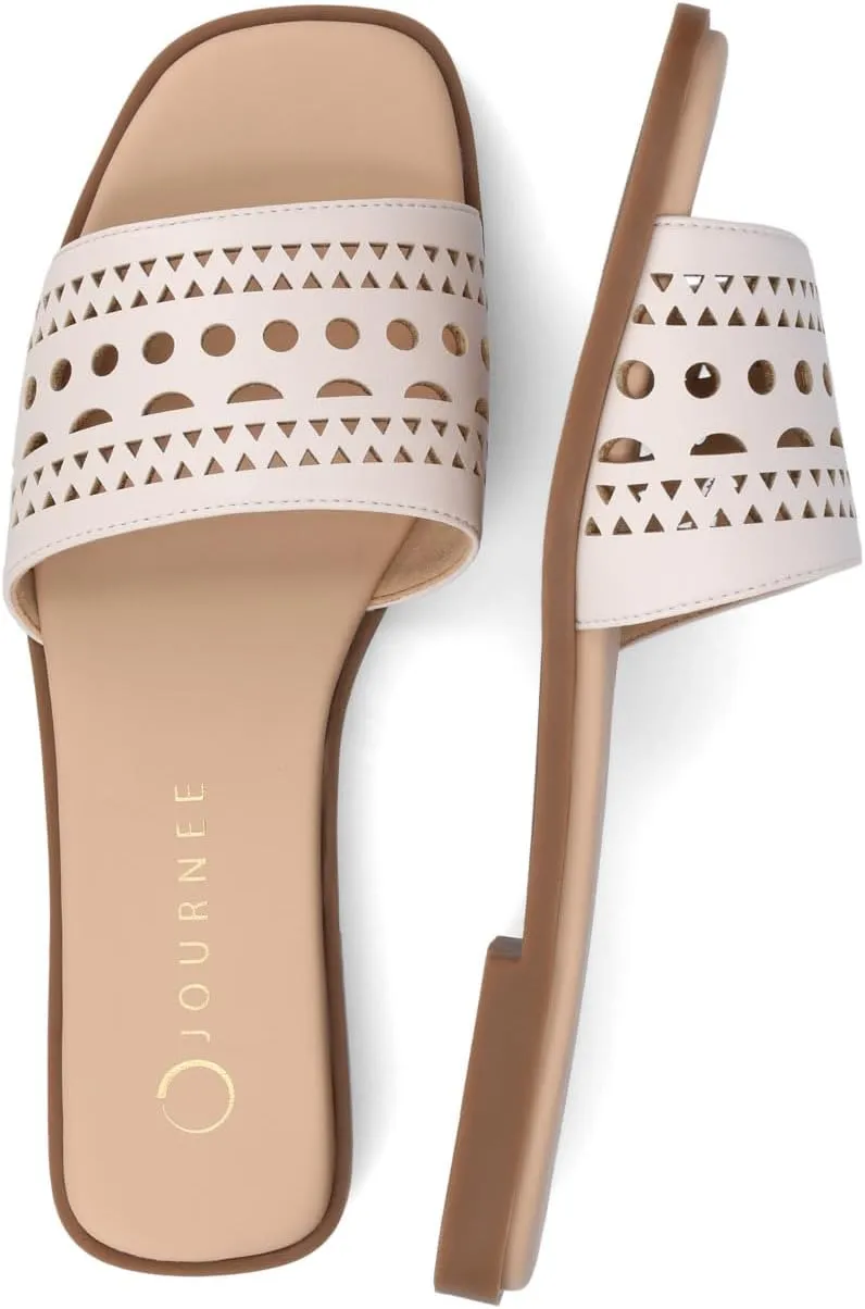 Journee Womens cushioned footbed Faux Leather Sandals Flat Sole Brodie Laser Cutout Straps