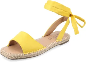 Journee Womens Espadrille Lace Up Open Square Toe Breathable Flats Emelie Tie Wrap Ankle Strap Sandal Yellow, 7.5 Wide