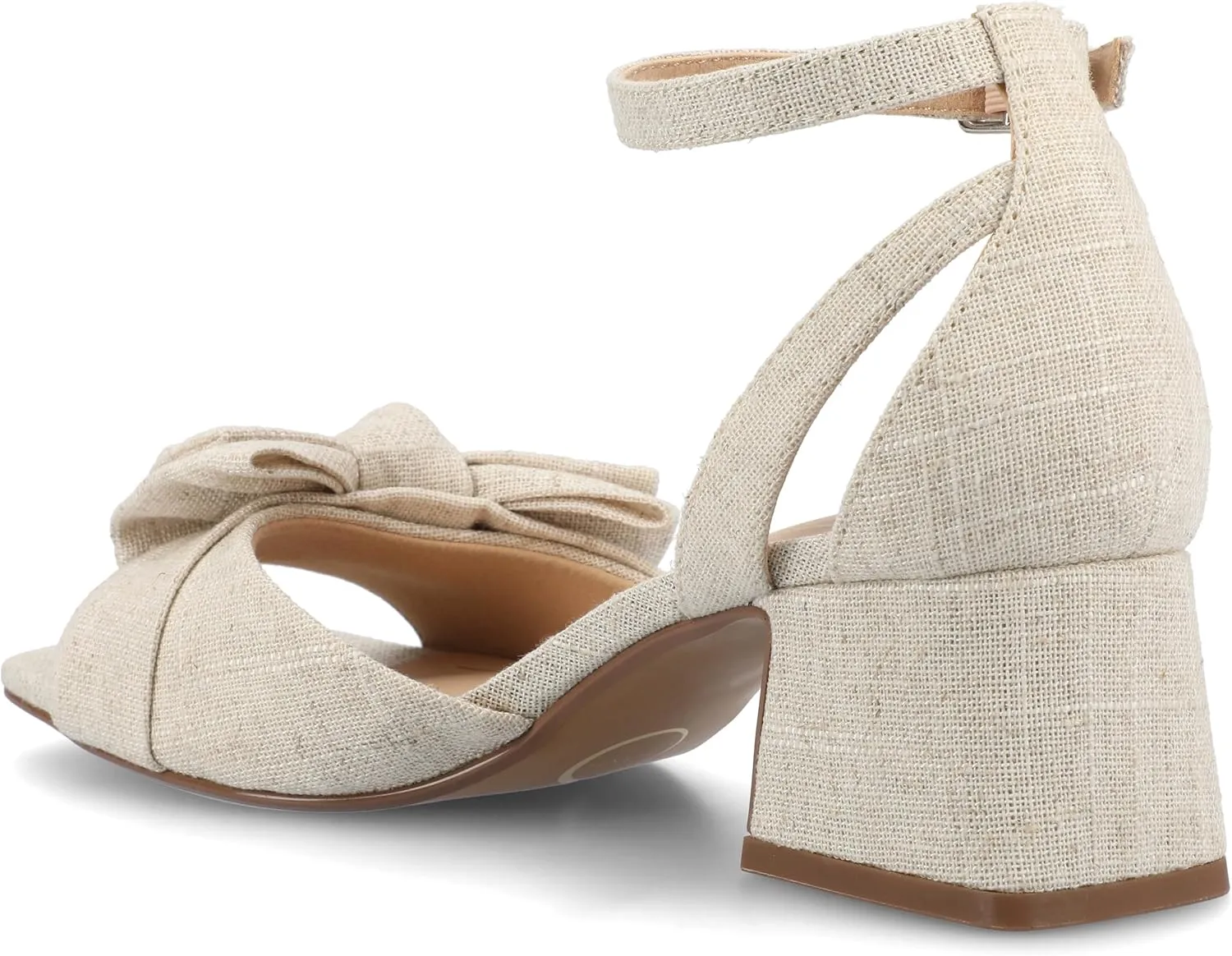 Journee Womens Linen Bow Knot Covered Block Heel Open Square Toe Buckle Ankle Zevi Comfort Foam Sandals