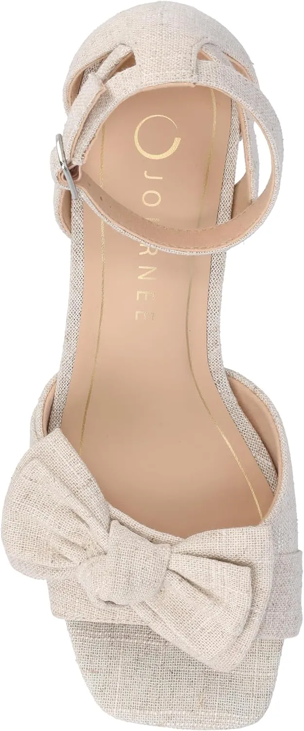 Journee Womens Linen Bow Knot Covered Block Heel Open Square Toe Buckle Ankle Zevi Comfort Foam Sandals