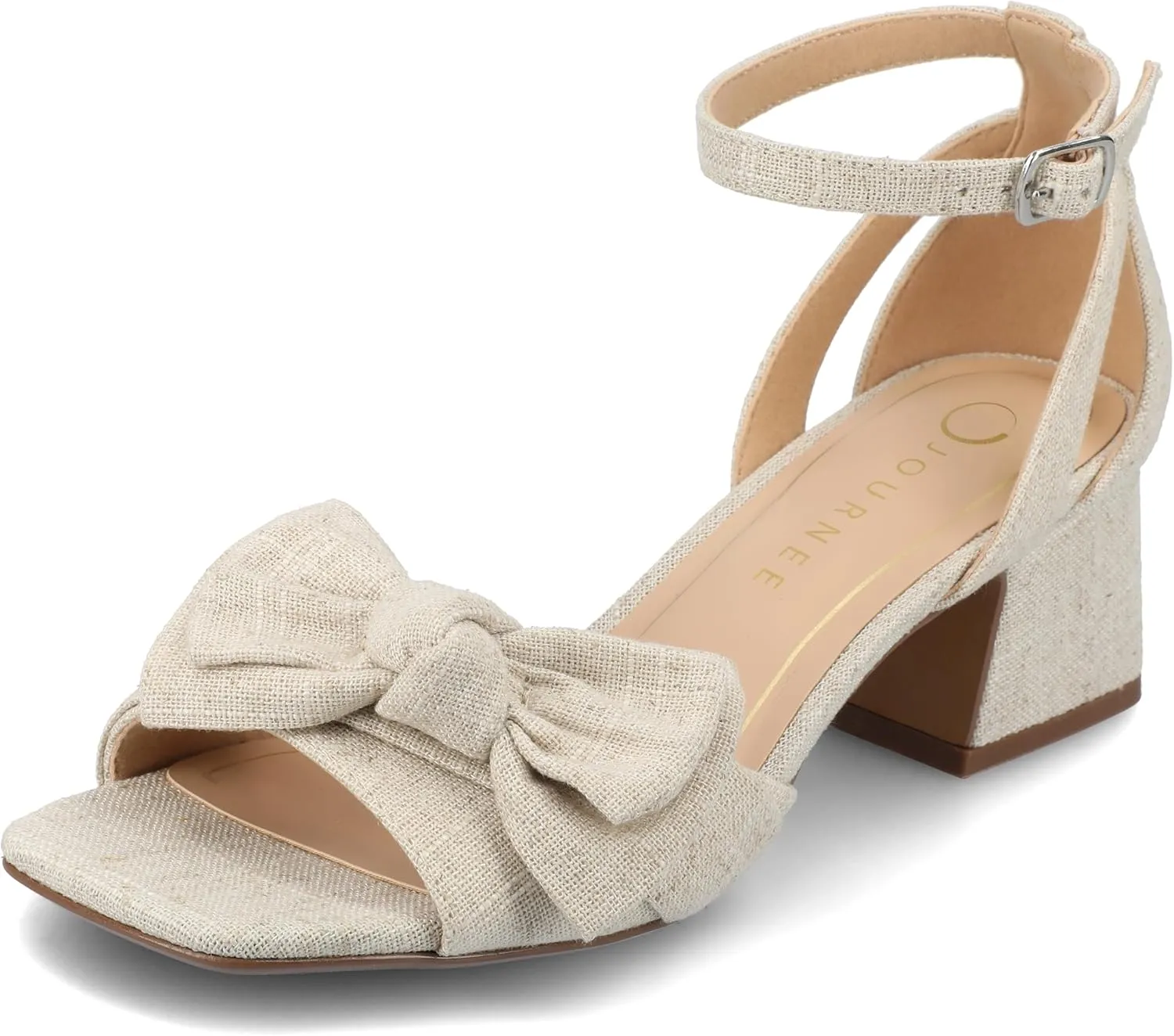 Journee Womens Linen Bow Knot Covered Block Heel Open Square Toe Buckle Ankle Zevi Comfort Foam Sandals