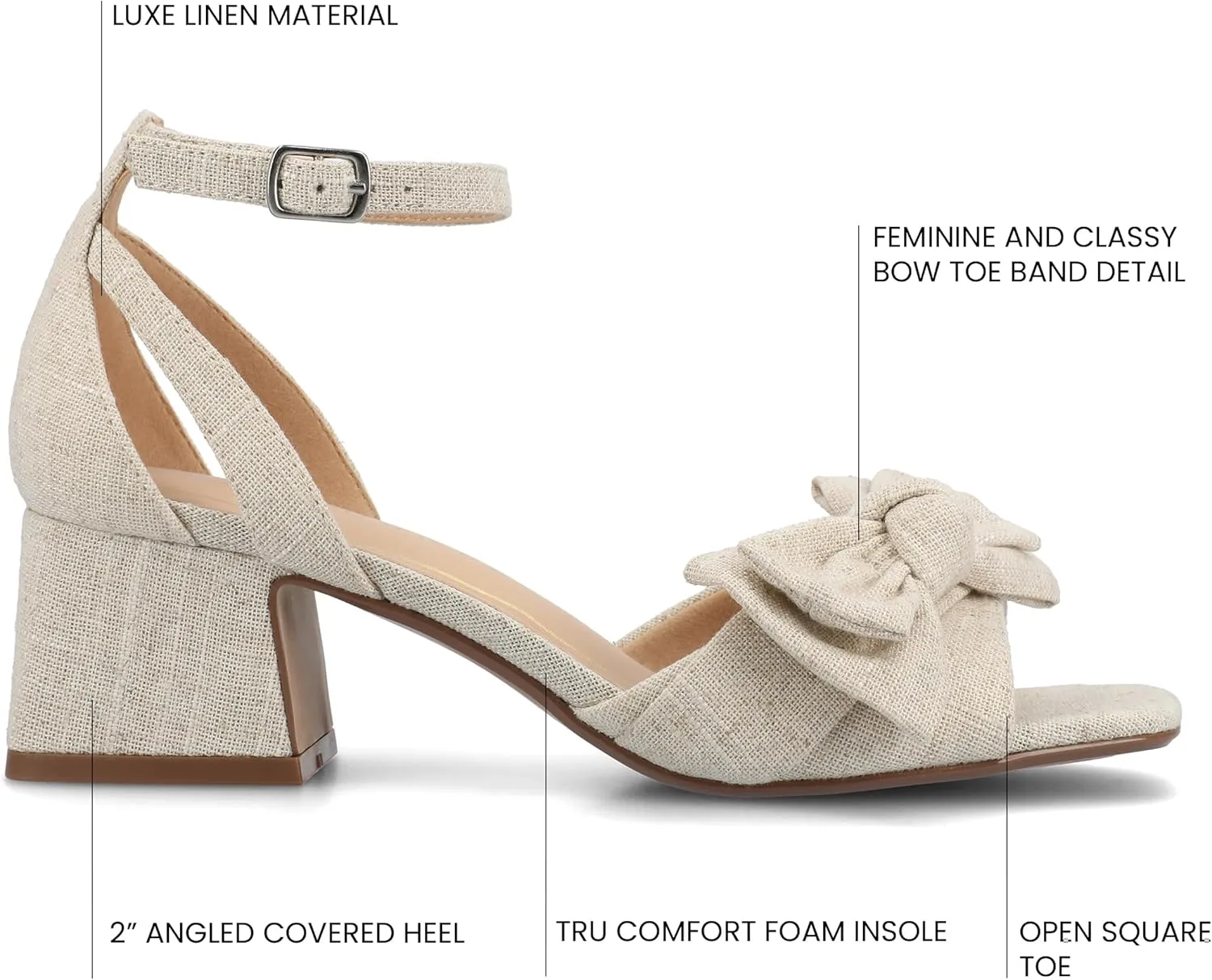 Journee Womens Linen Bow Knot Covered Block Heel Open Square Toe Buckle Ankle Zevi Comfort Foam Sandals
