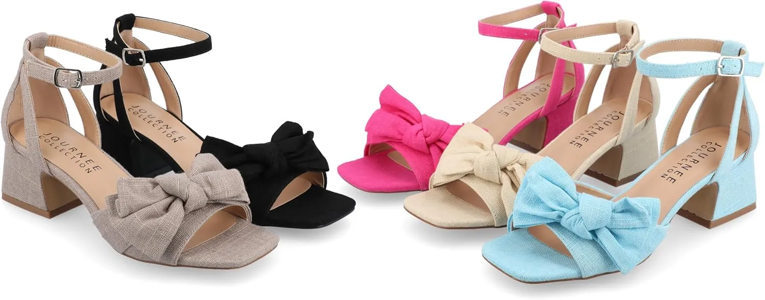 Journee Womens Linen Bow Knot Covered Block Heel Open Square Toe Buckle Ankle Zevi Comfort Foam Sandals
