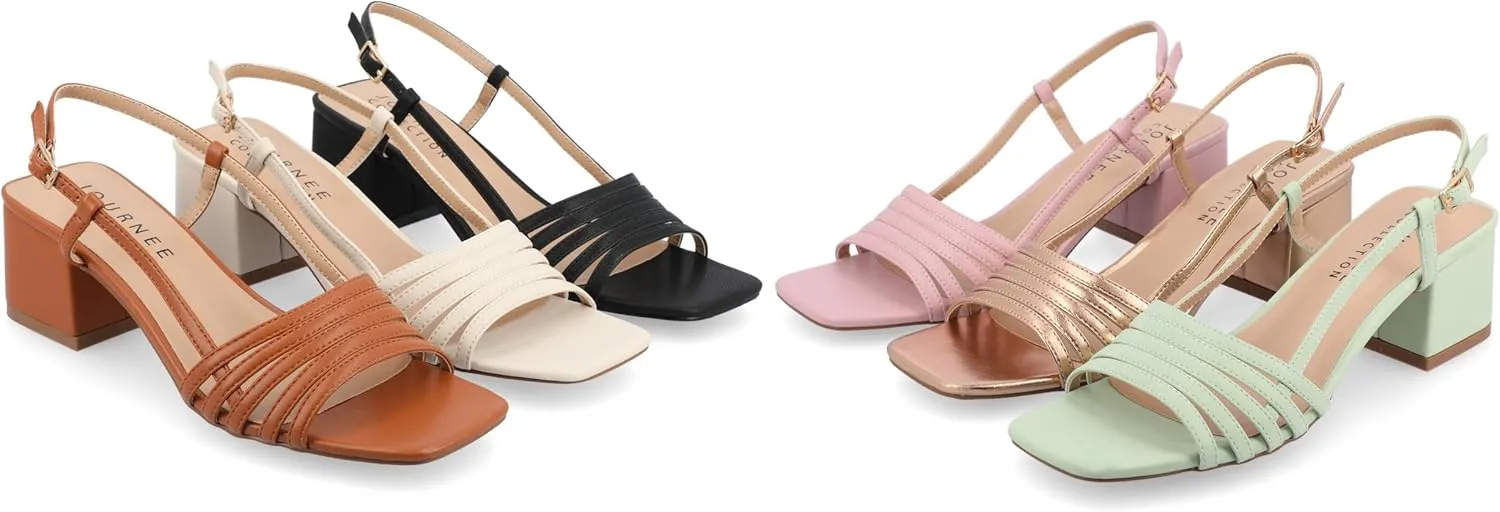 Journee Womens Strappy Buckle Sling Back Covered Block Heel Open Square Toe Shayana Comfort Foam Sandals