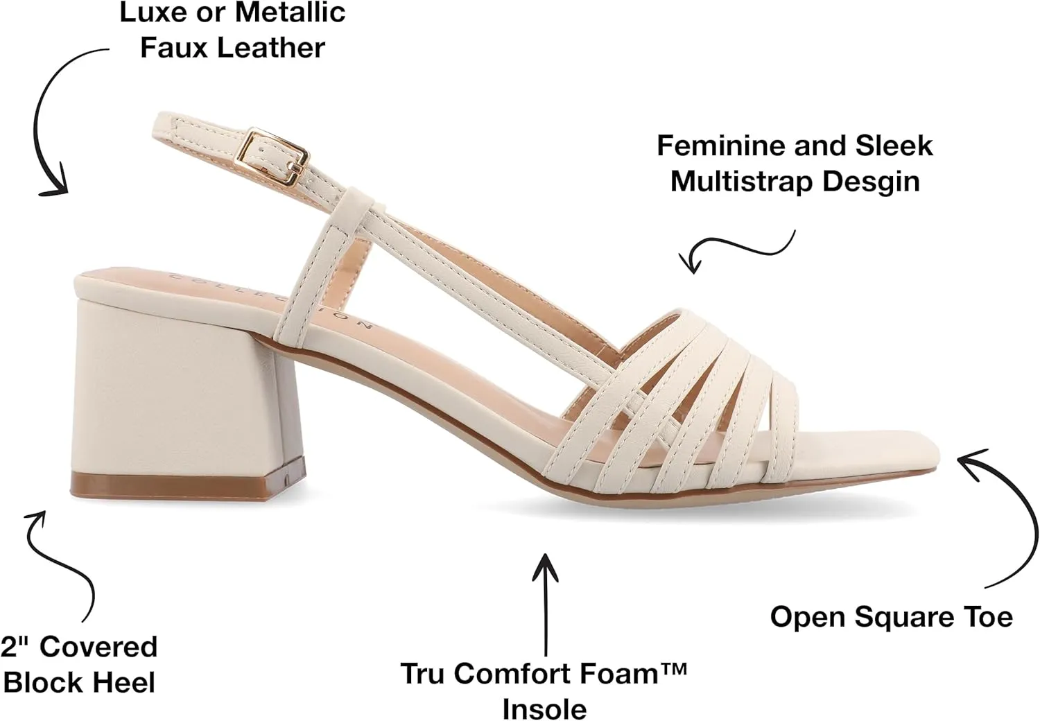 Journee Womens Strappy Buckle Sling Back Covered Block Heel Open Square Toe Shayana Comfort Foam Sandals