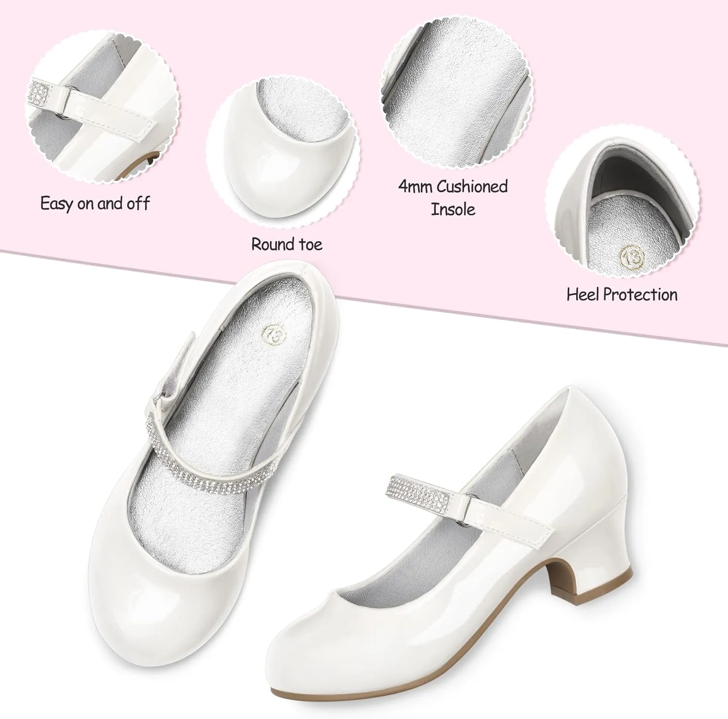 K KomForme Mary Jane Shoes with Low Heel Rhinestones Princess Flats Dress Pump Shoes for Little Kid/Big Kid