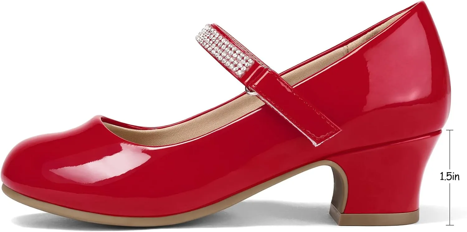 K KomForme Mary Jane Shoes with Low Heel Rhinestones Princess Flats Dress Pump Shoes for Little Kid/Big Kid