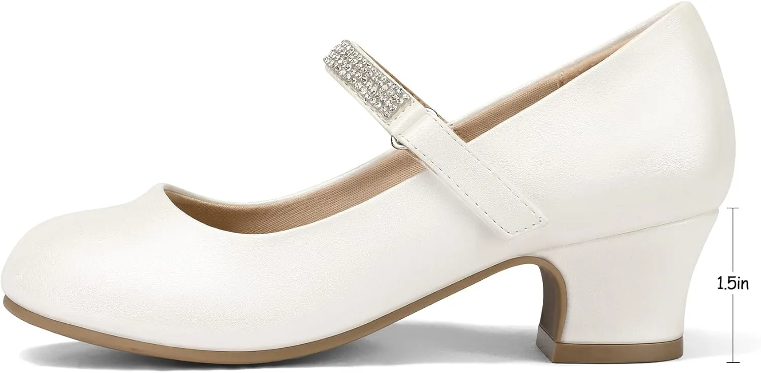 K KomForme Mary Jane Shoes with Low Heel Rhinestones Princess Flats Dress Pump Shoes for Little Kid/Big Kid