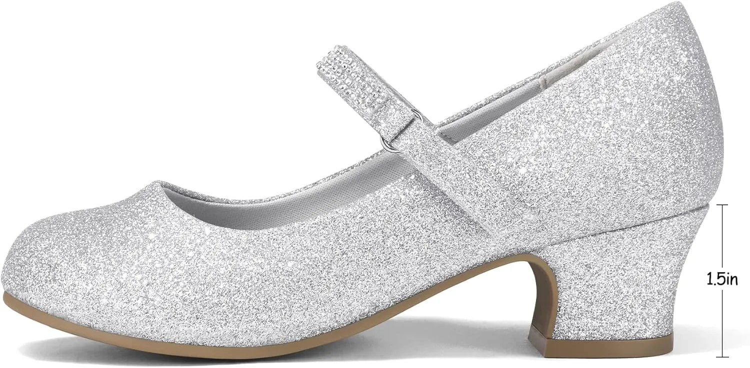 K KomForme Mary Jane Shoes with Low Heel Rhinestones Princess Flats Dress Pump Shoes for Little Kid/Big Kid