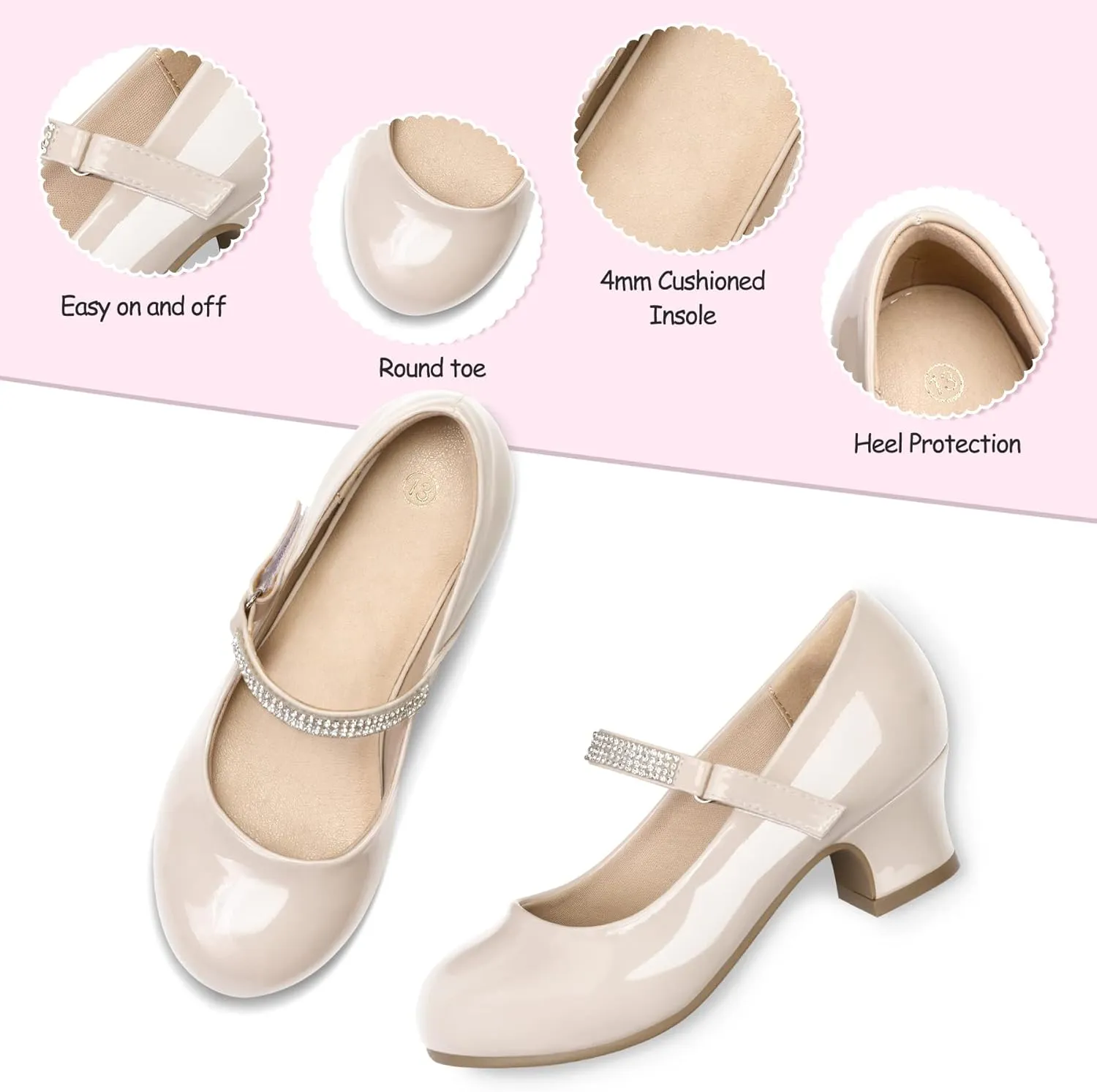 K KomForme Mary Jane Shoes with Low Heel Rhinestones Princess Flats Dress Pump Shoes for Little Kid/Big Kid