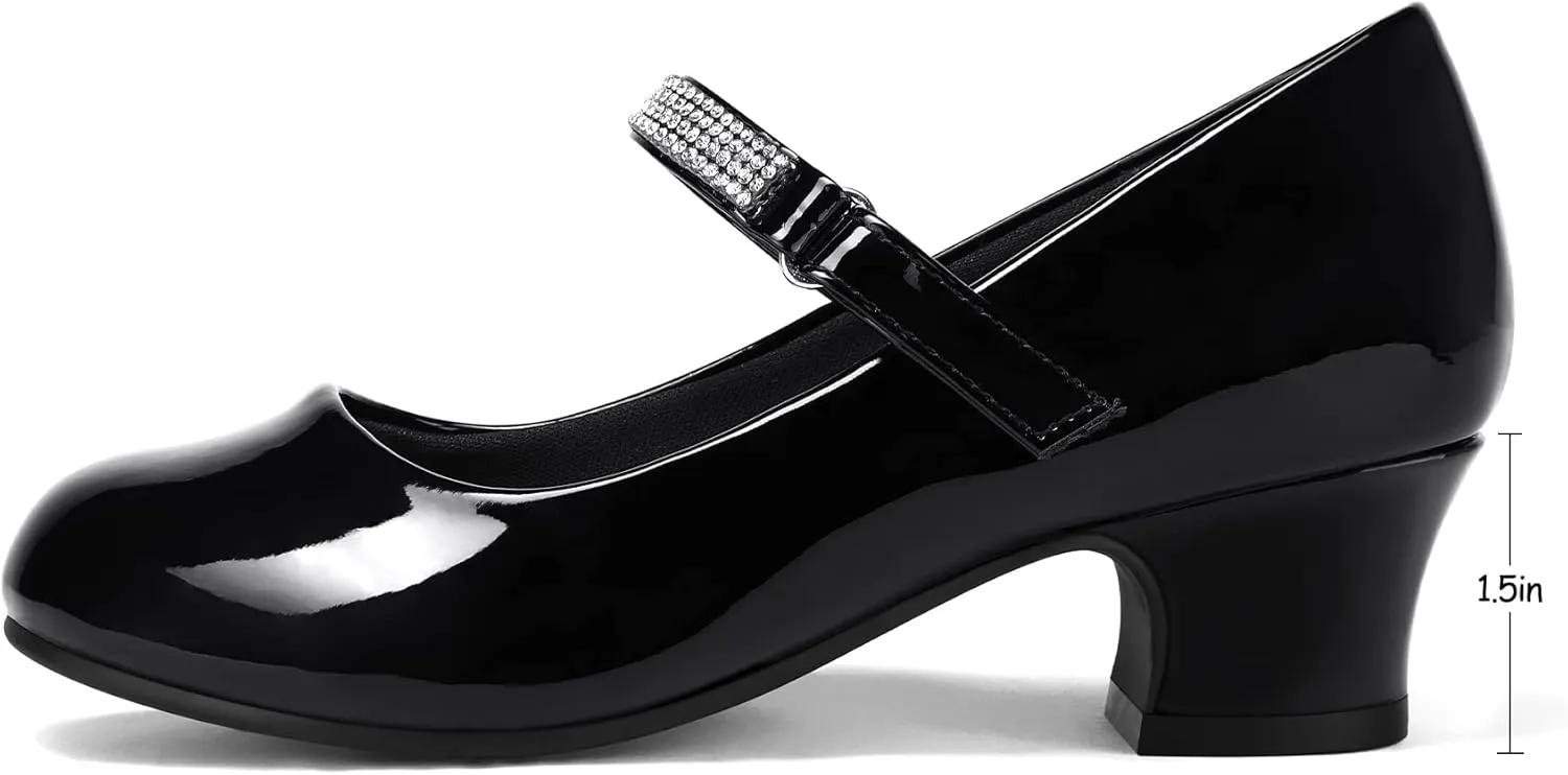 K KomForme Mary Jane Shoes with Low Heel Rhinestones Princess Flats Dress Pump Shoes for Little Kid/Big Kid