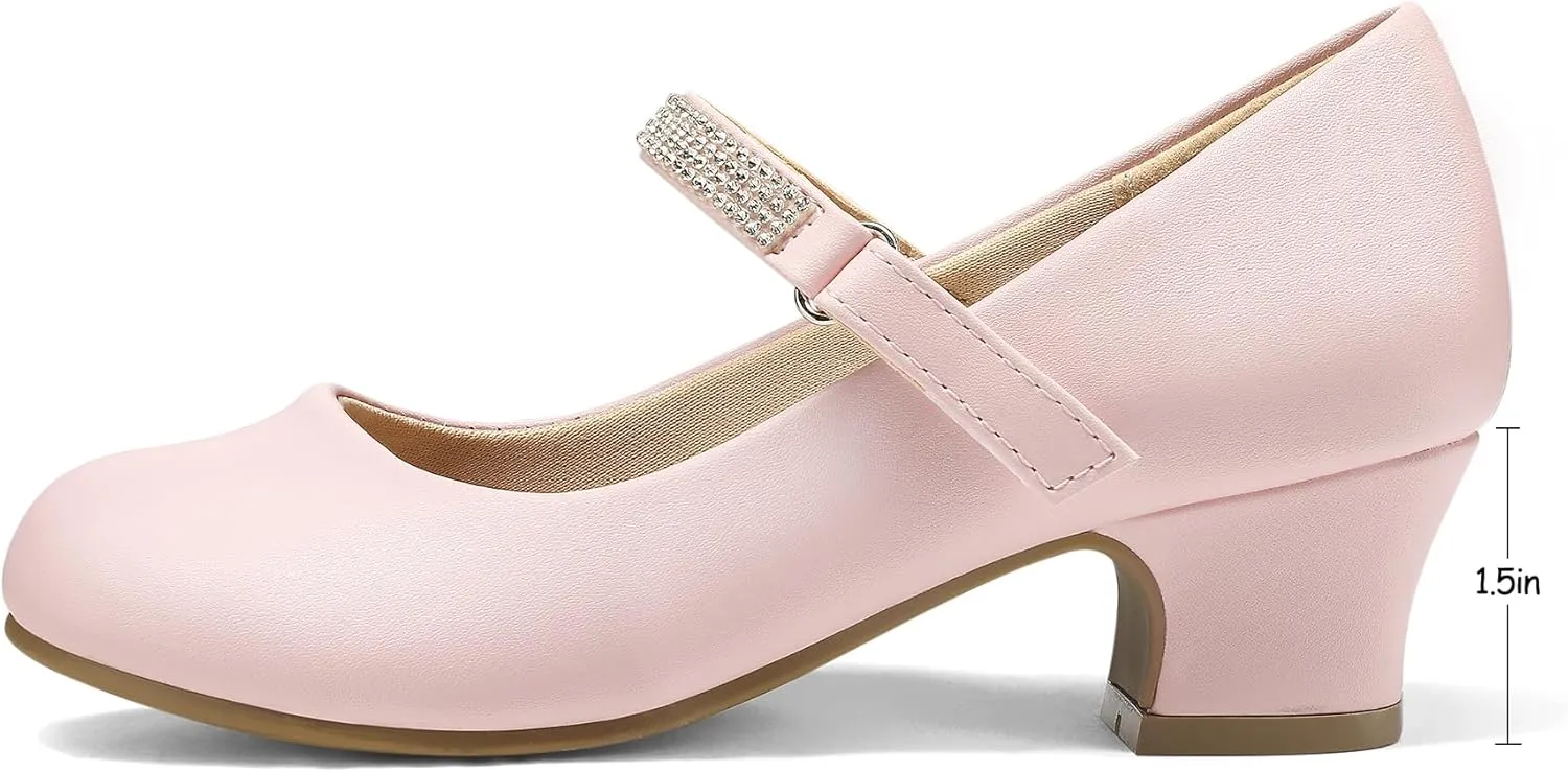 K KomForme Mary Jane Shoes with Low Heel Rhinestones Princess Flats Dress Pump Shoes for Little Kid/Big Kid