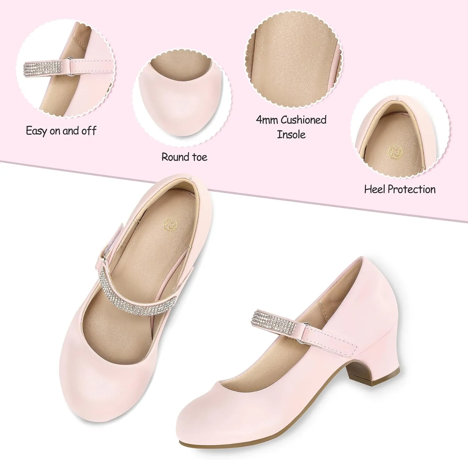 K KomForme Mary Jane Shoes with Low Heel Rhinestones Princess Flats Dress Pump Shoes for Little Kid/Big Kid