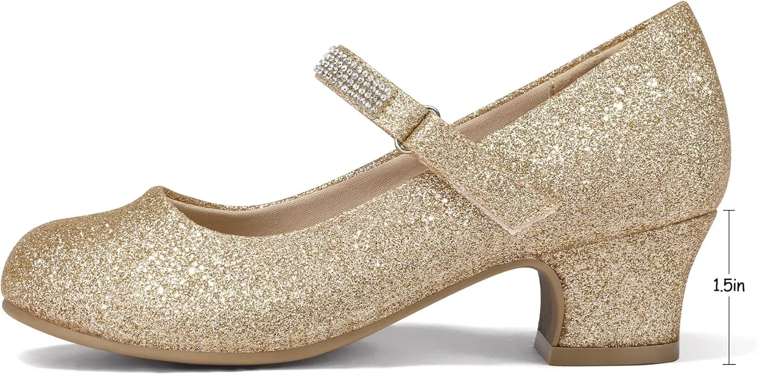 K KomForme Mary Jane Shoes with Low Heel Rhinestones Princess Flats Dress Pump Shoes for Little Kid/Big Kid