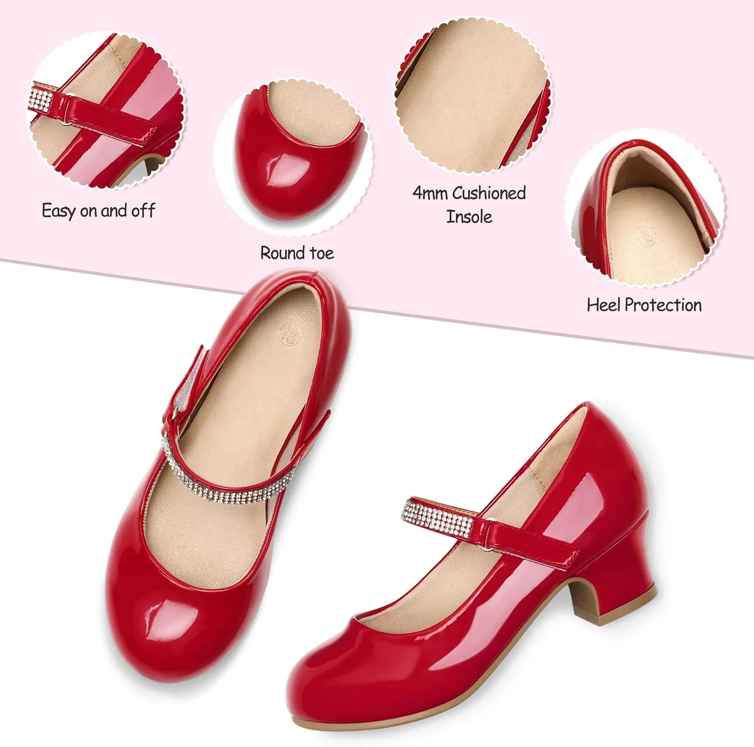 K KomForme Mary Jane Shoes with Low Heel Rhinestones Princess Flats Dress Pump Shoes for Little Kid/Big Kid