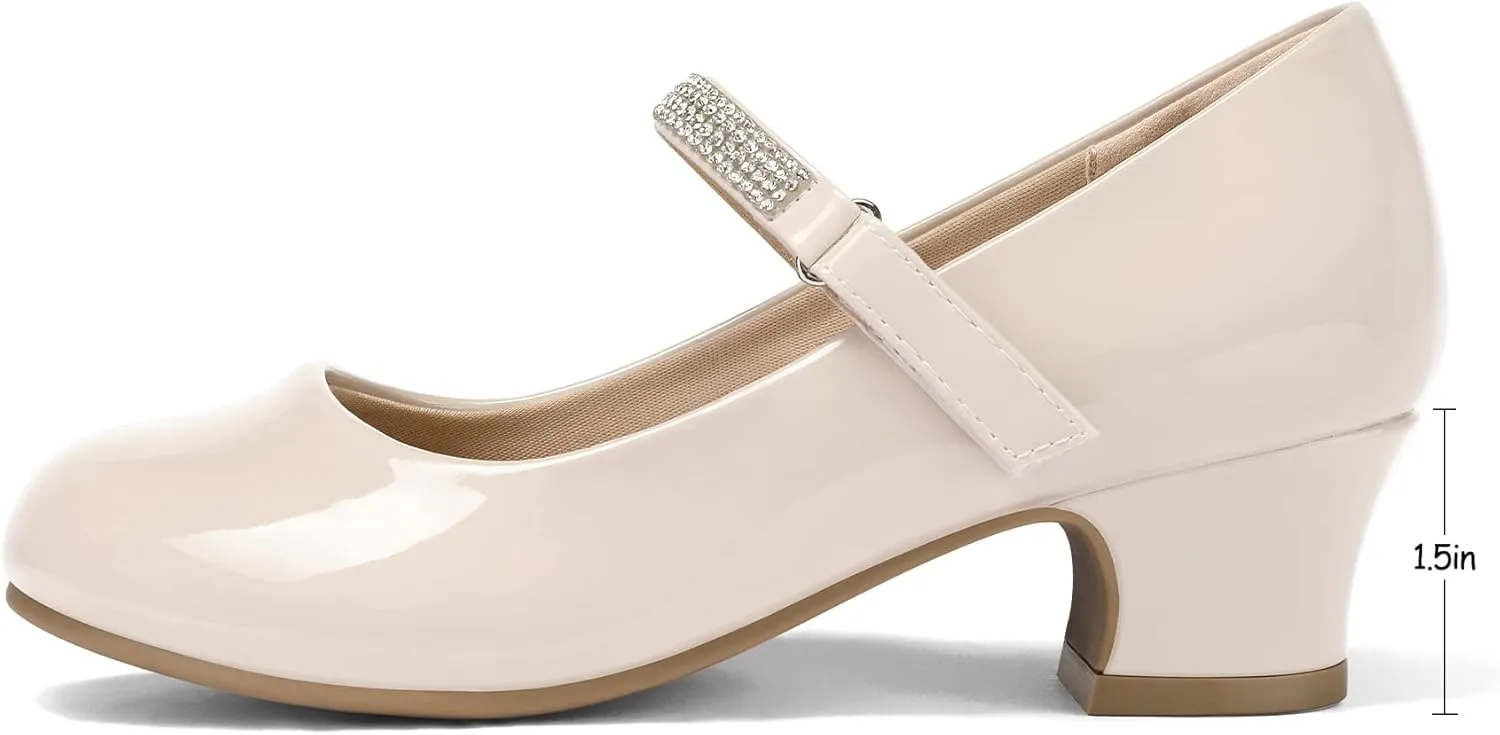 K KomForme Mary Jane Shoes with Low Heel Rhinestones Princess Flats Dress Pump Shoes for Little Kid/Big Kid