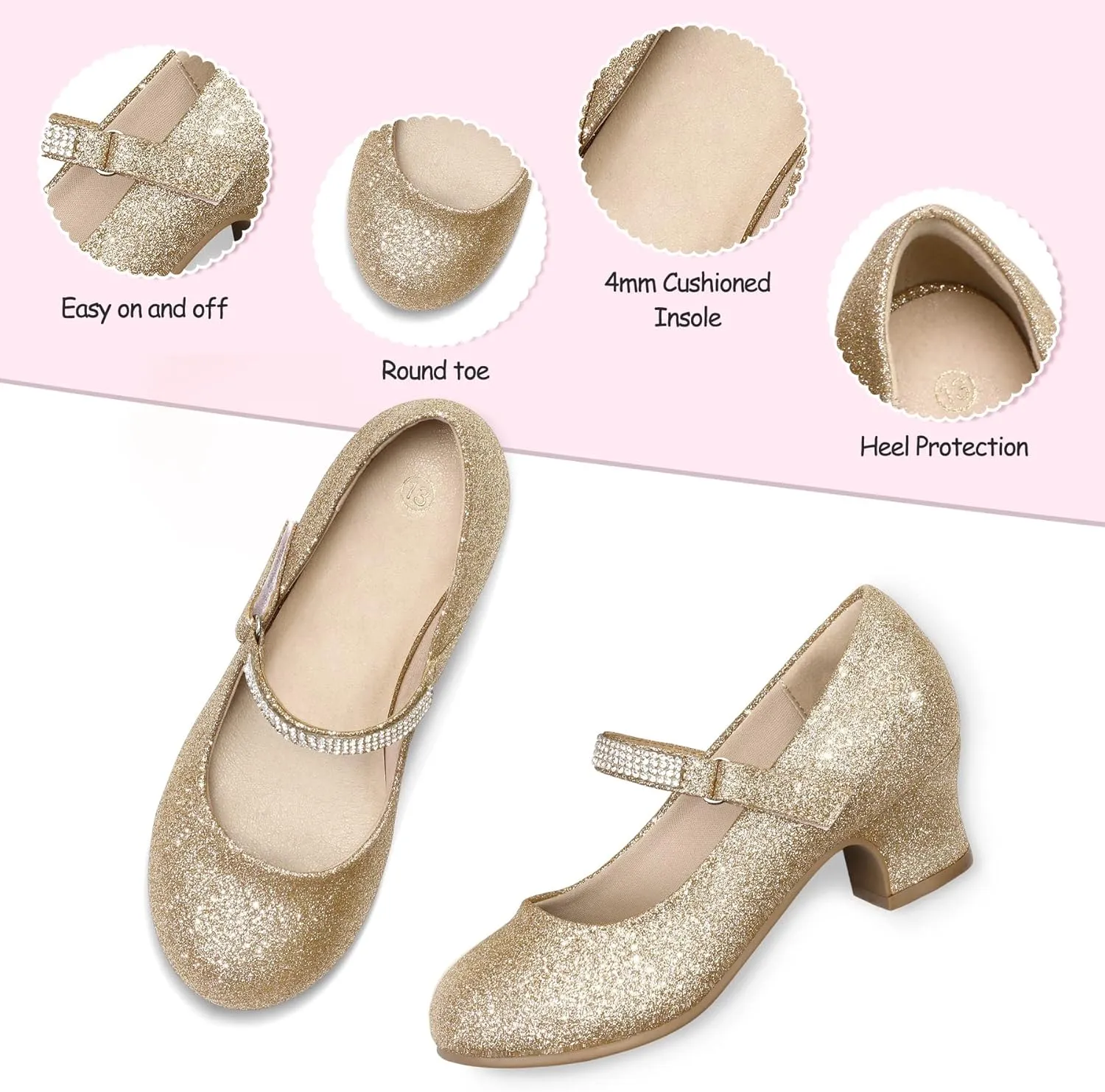 K KomForme Mary Jane Shoes with Low Heel Rhinestones Princess Flats Dress Pump Shoes for Little Kid/Big Kid