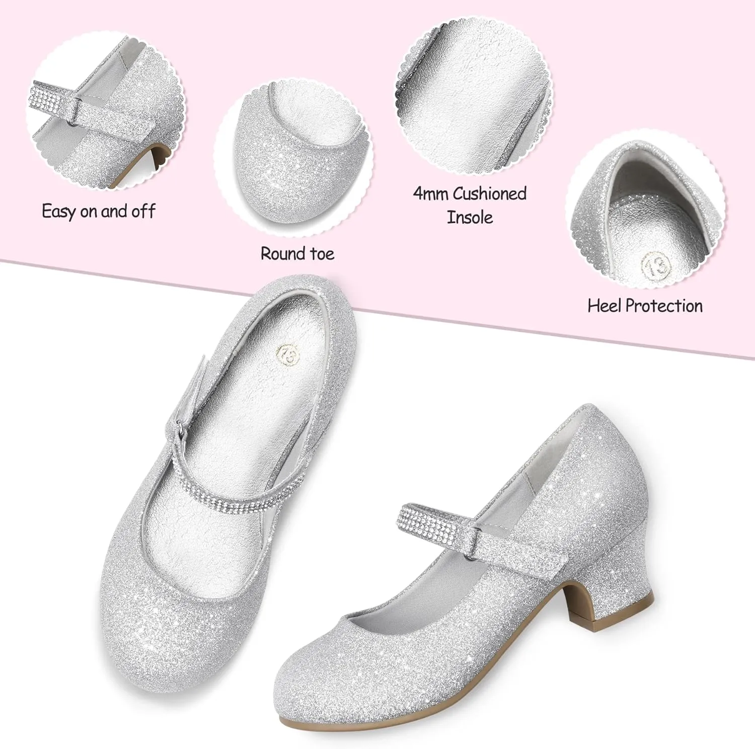 K KomForme Mary Jane Shoes with Low Heel Rhinestones Princess Flats Dress Pump Shoes for Little Kid/Big Kid