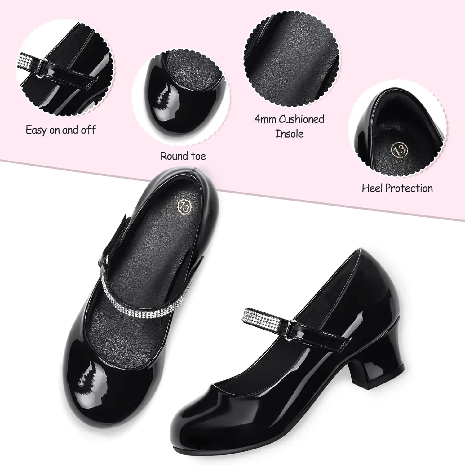 K KomForme Mary Jane Shoes with Low Heel Rhinestones Princess Flats Dress Pump Shoes for Little Kid/Big Kid