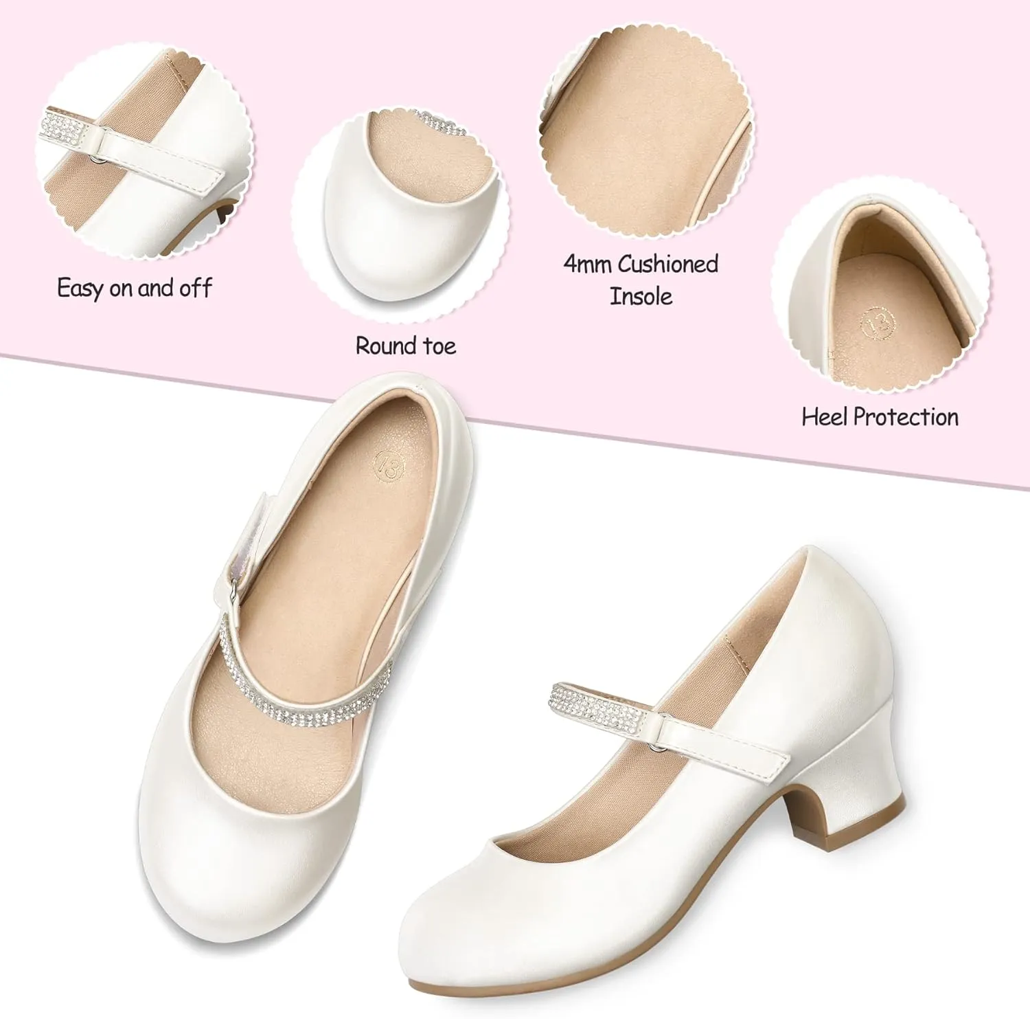 K KomForme Mary Jane Shoes with Low Heel Rhinestones Princess Flats Dress Pump Shoes for Little Kid/Big Kid